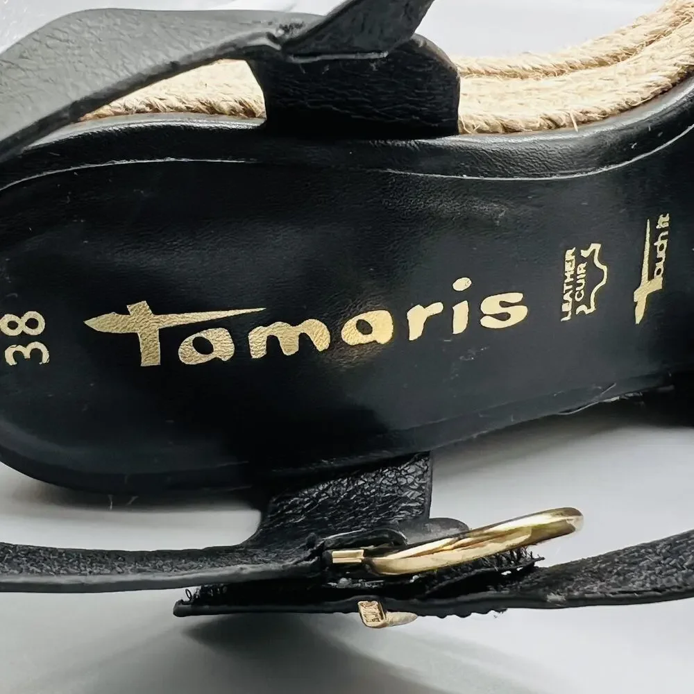 Tamaris Sandals Womens 7 Black Leather Espadrille Wedge Ankle Strap Casual Shoes
